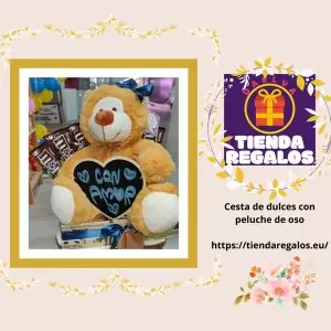 Podemos añadir los dulces preferidos de tu persona especial acompañados por un tierno oso de peluche