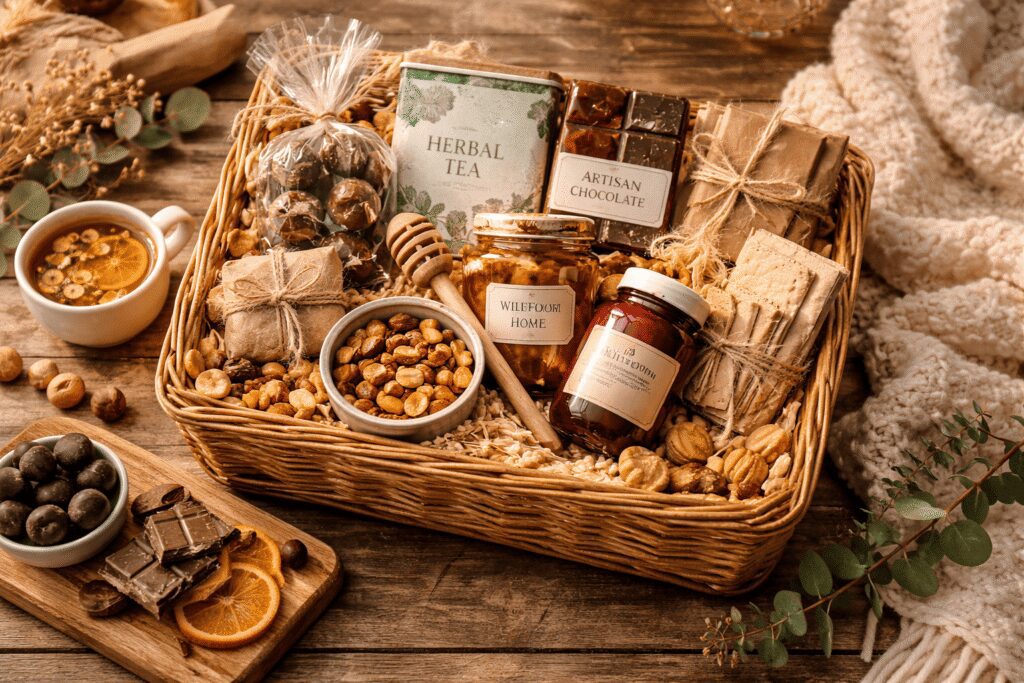 cesta gourmet artesanal como detalle para alegrar a un enfermo