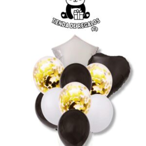 Set de Globos Elegancia en Negro, Blanco y Dorado