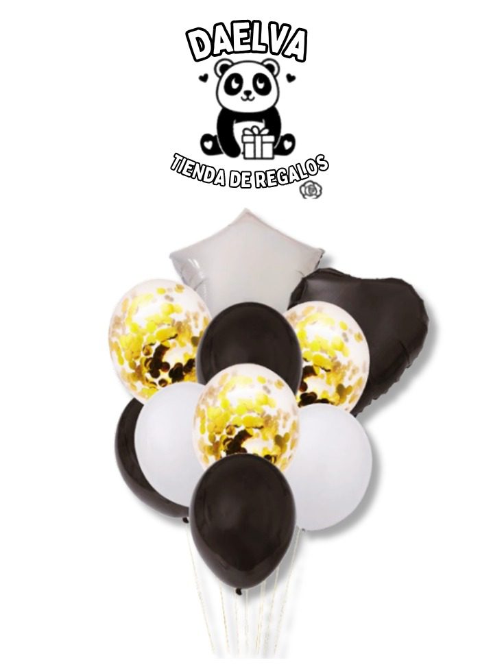 Set de Globos Elegancia en Negro, Blanco y Dorado